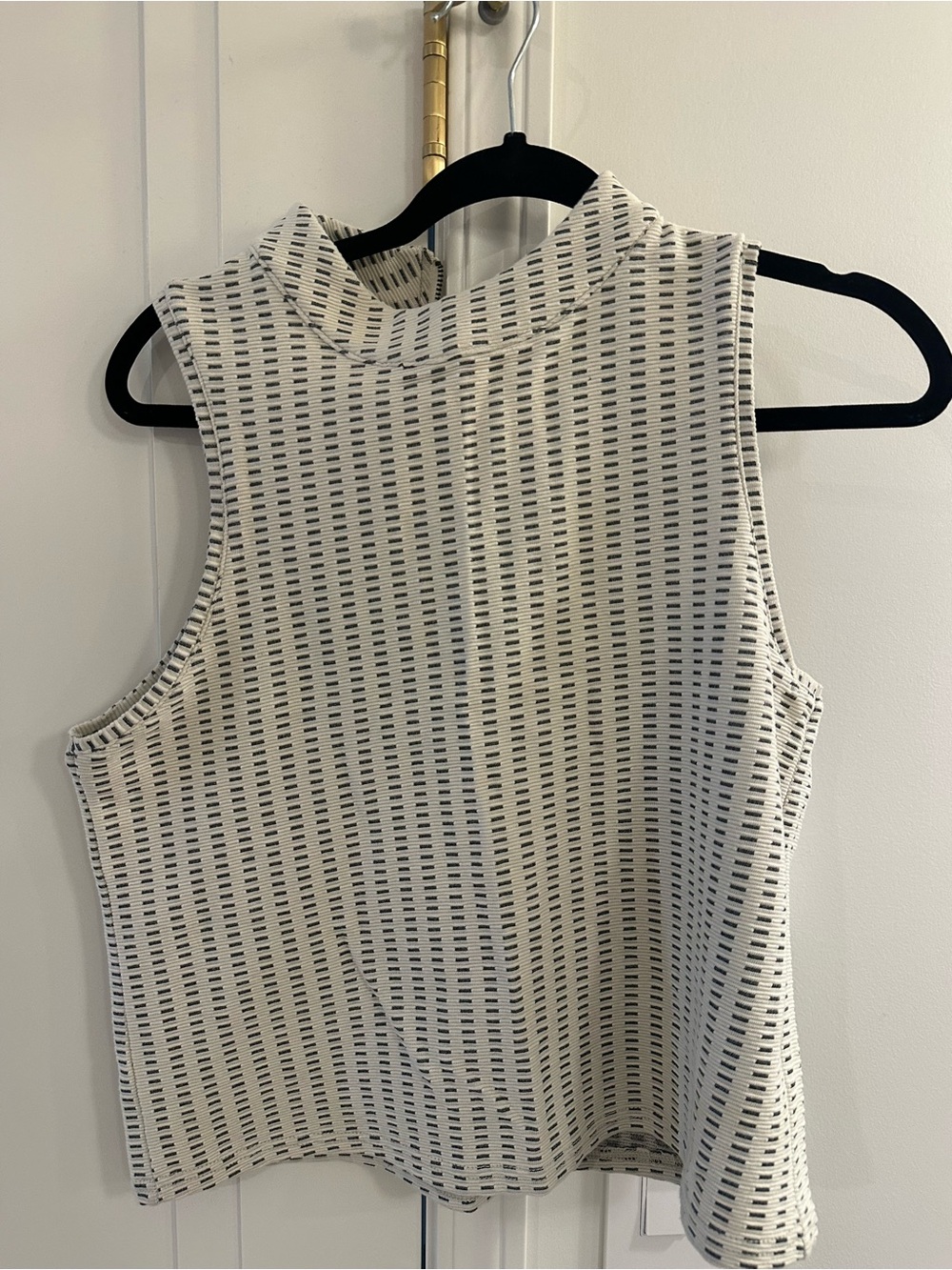 Anthropologie Sleeveless Mock Neck Textured Knit Top - White with Black Detail